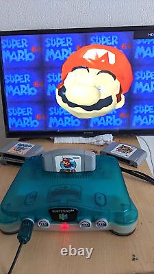 NINTENDO64 Console Bundle Clear Blue Excellent+Mario Kart 64+Super Mario 64